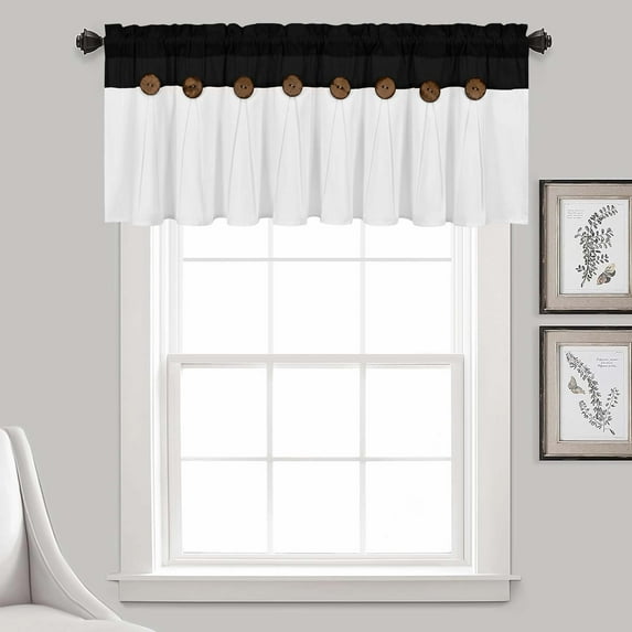 Alishomtll Linen Valance Farmhouse Boho Button Kitchen Curtains ,Rod Pocket,18"L x 52"W, Black White