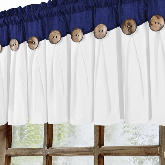 Alishomtll Linen Valance Farmhouse Boho Button Kitchen Curtains ,Rod Pocket,18"L x 52"W, Blue White