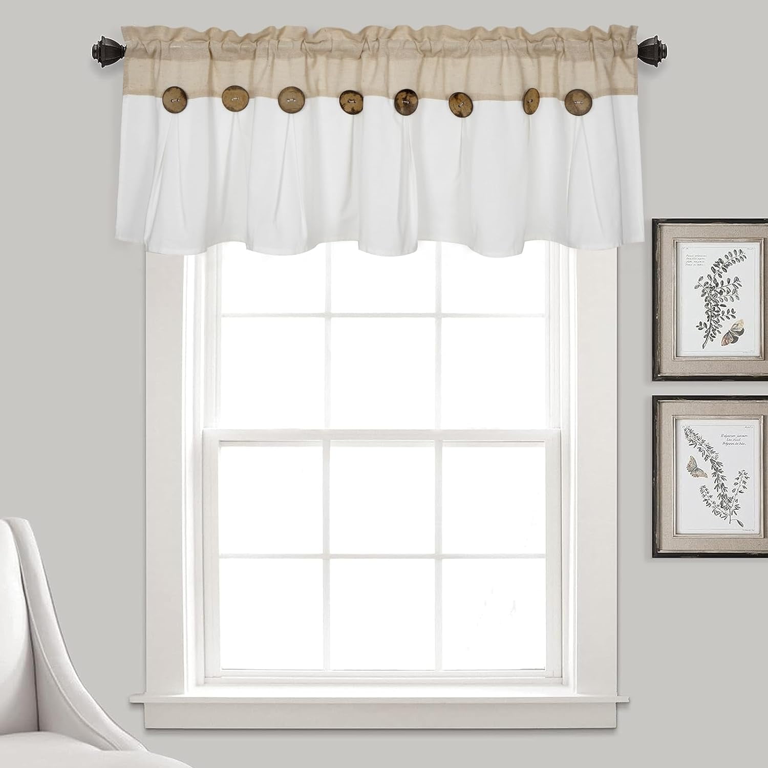 Linen Button Farmhouse Valance with Pleats and Buttons, 52" W x 18" L