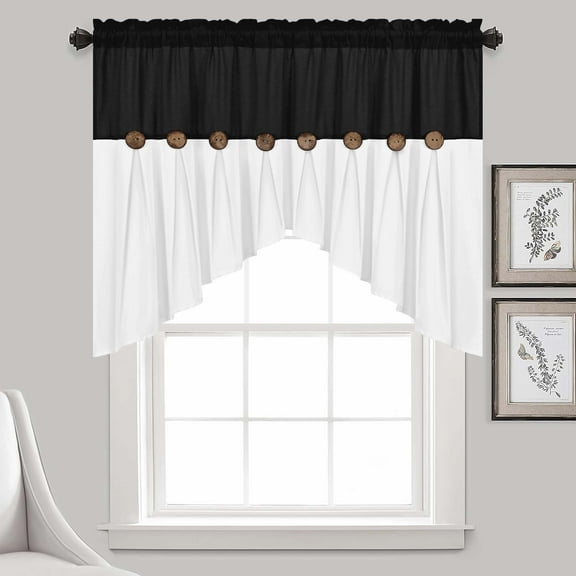 Alishomtll Linen Valance Farmhouse Boho Button Kitchen Curtains ,Rod Pocket,36"L x 52"W, Black White