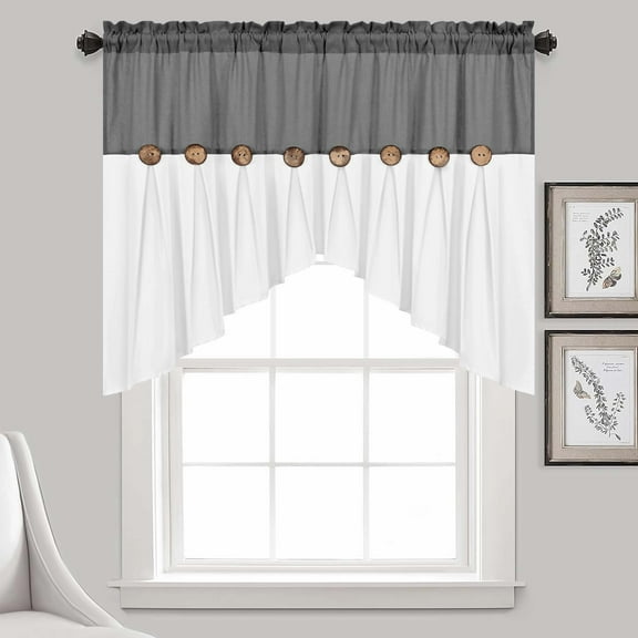 Alishomtll Linen Valance Farmhouse Boho Button Kitchen Curtains ,Rod Pocket,36"L x 52"W, Gray White