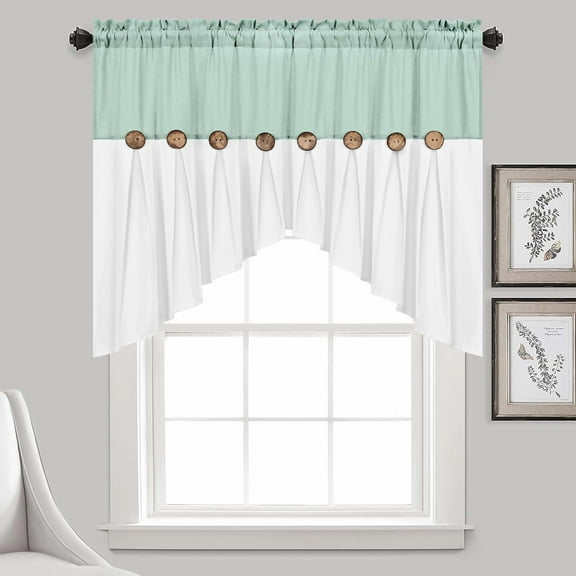 Alishomtll Linen Valance Farmhouse Boho Button Kitchen Curtains ,Rod Pocket,36"L x 52"W, Teal White