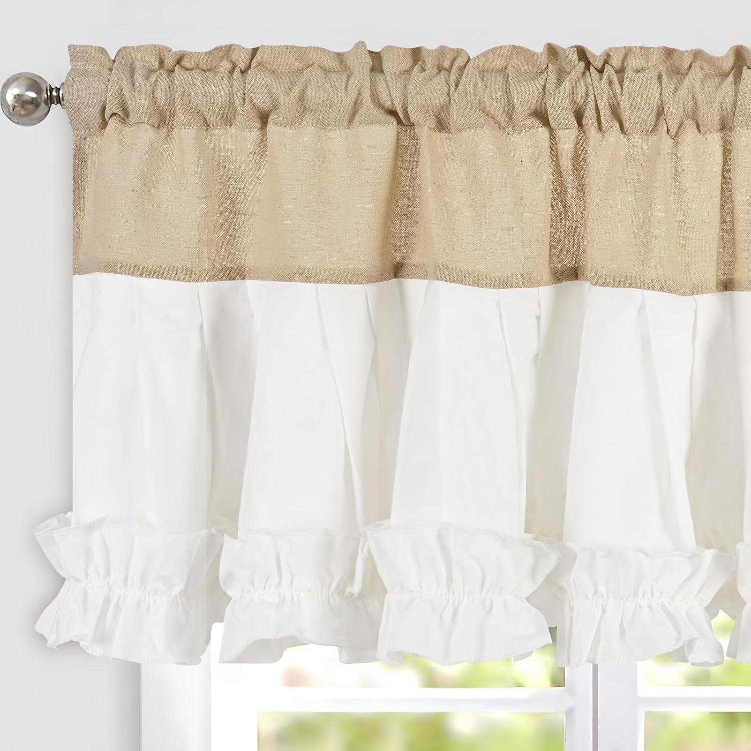Alishomtll Linen White Ruffle Valance Curtains Rod Pocket Window Drapes Light Filtering 52"W×18"L