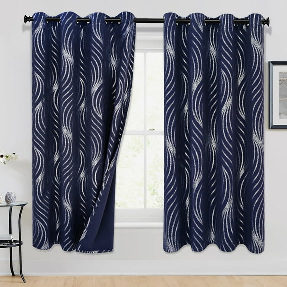 Alishomtll Navy Blue Blackout Curtains for Living Room ,Modern Metallic Silver Wave Pattern Bedroom Thermal Insulated Drapes ,2 Panel Set,52"x63"