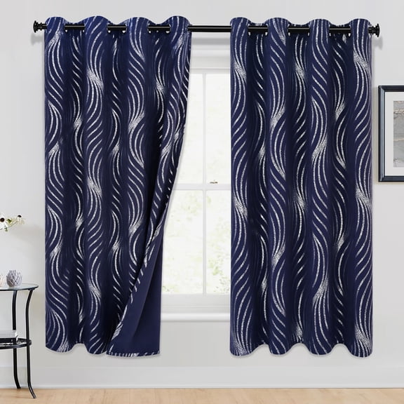 Alishomtll Navy Blue Blackout Curtains for Living Room ,Modern Metallic Silver Wave Pattern Bedroom Thermal Insulated Drapes ,2 Panel Set,52"x63"