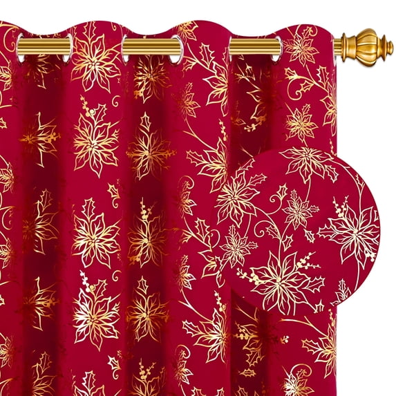 Alishomtll Red Christmas Blackout Curtains Golden Poinsettia Foil Print Room Darkening Window Drapes, 52" x 84"L, Set of 2 Panels
