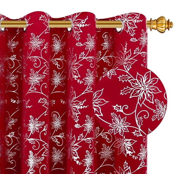 Alishomtll Red Christmas Blackout Curtains Silver Poinsettia Foil Print Room Darkening Window Drapes, 52" x 84"L, Set of 2 Panels