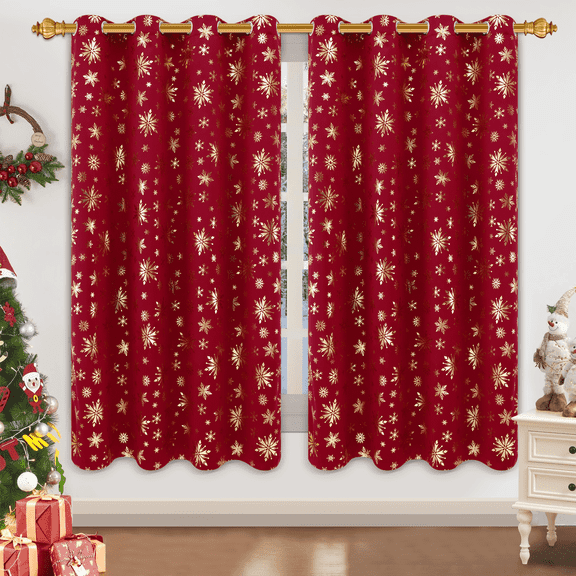 Alishomtll Red Christmas Curtains for Living Room Blackout Golden Snowflake Foil Pattern Room Darkening Window Drapes Holiday Xmas Decor, 52" x 63"L, Set of 2 Panels