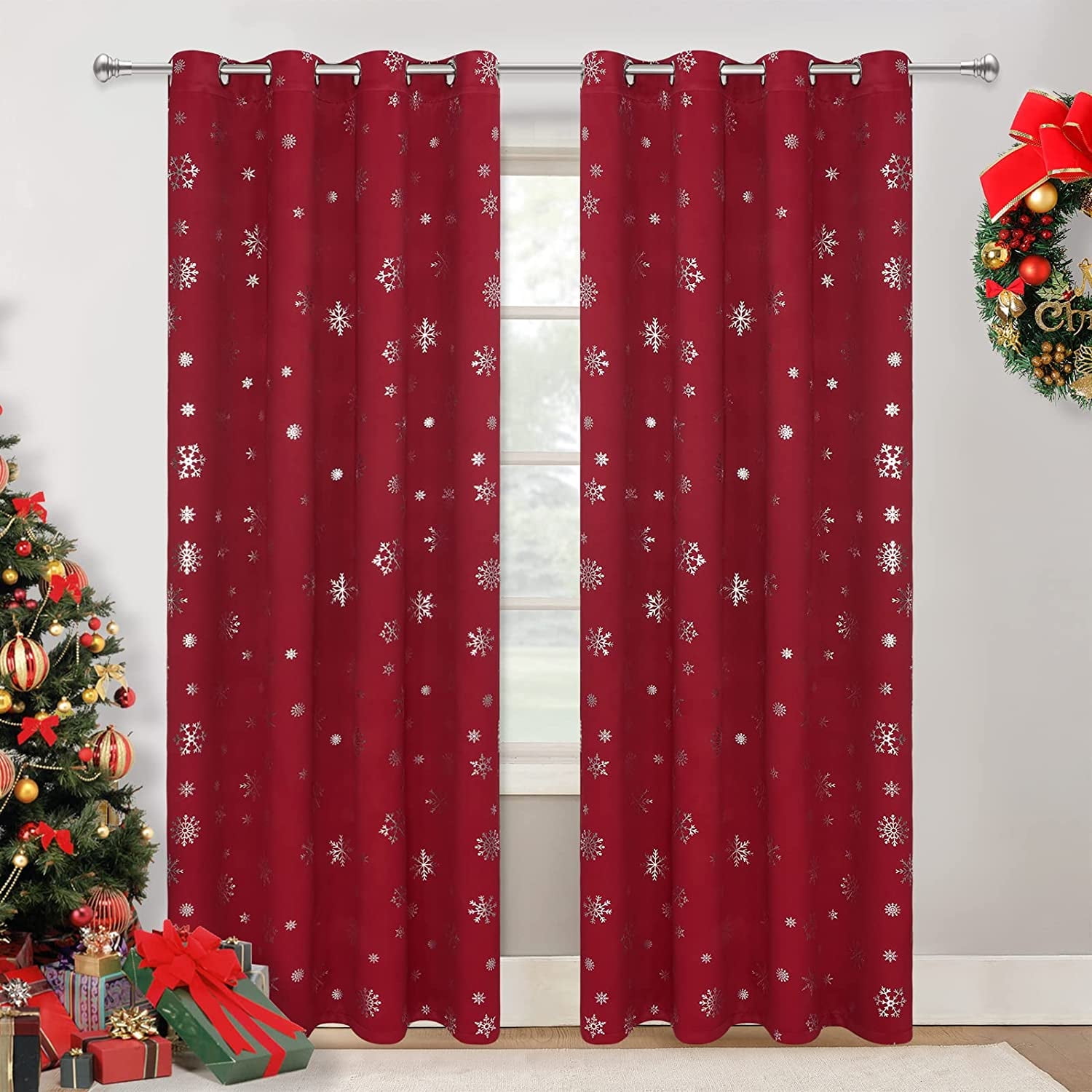 Alishomtll Snowflake Foil Print Christmas Blackout Curtains, Christmas Grommet Window Curtains Drapes, 52" x 84", Red, Set of 2 Panels