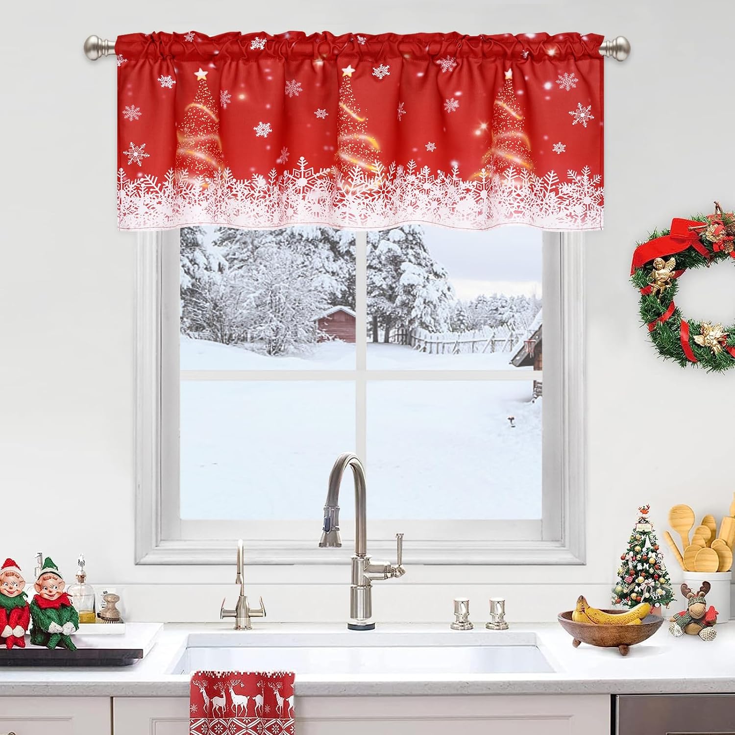 Alishomtll Snowflakes Christmas Valance Kitchen Curtains Gold Sparkle
