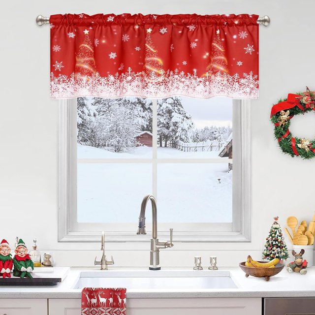 Alishomtll Snowflakes Christmas Valance Kitchen Curtains Gold Sparkle