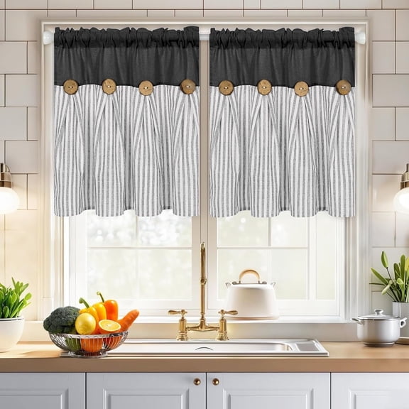 Alishomtll Stripe Kitchen Curtains 8 Button Linen Cotton Window Curtains Sets 24 Inches Long ,Rod Pocket ,Black