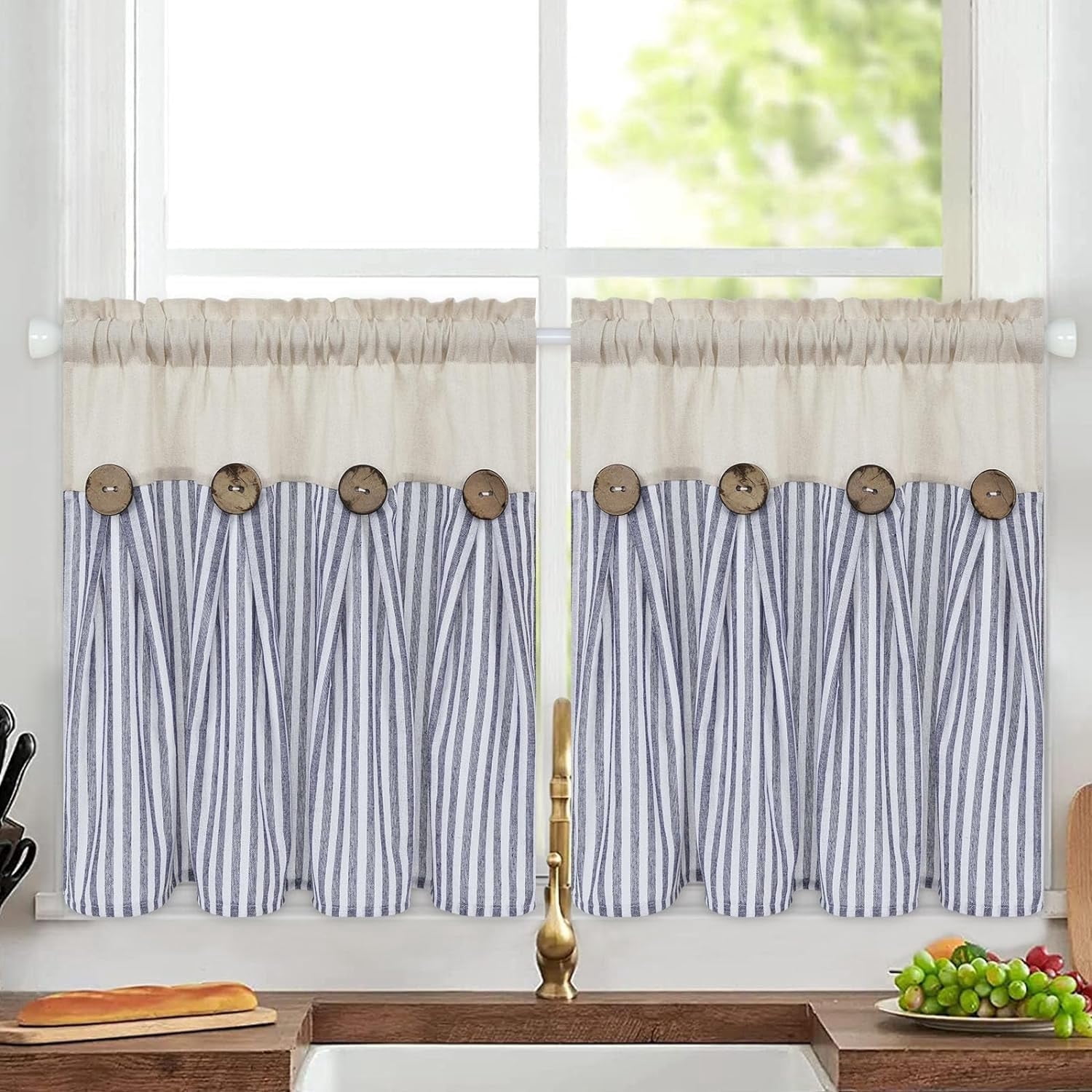 Alishomtll Stripe Kitchen Curtains 8 Button Linen Cotton Window Curtains Sets 24 Inches Long ,Rod Pocket ,Blue