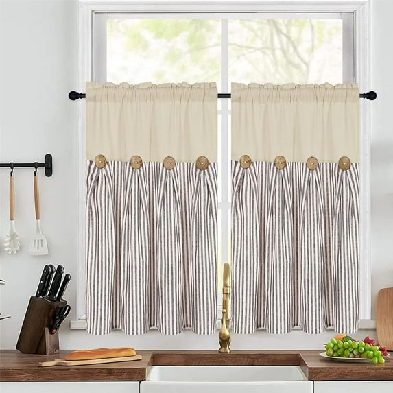 Alishomtll Stripe Kitchen Curtains 8 Button Linen Cotton Window Curtains Sets 36 Inches Long ,Rod Pocket ,Brown