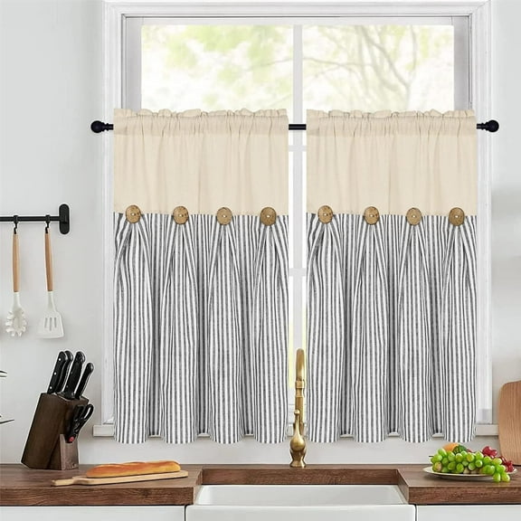 Alishomtll Stripe Kitchen Curtains 8 Button Linen Cotton Window Curtains Sets 36 Inches Long ,Rod Pocket ,Grey