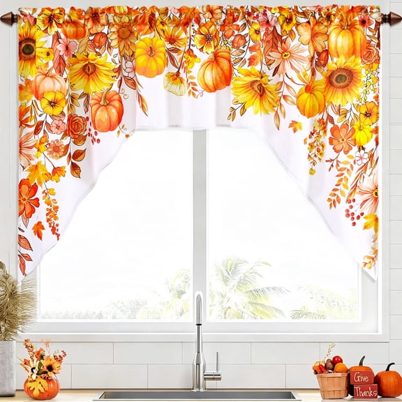 Alishomtll Fall Kitchen Curtains Valances Swags for Windows Autumn Blossom Floral Pumpkins Printed ,61" W x 36" L,Rod Pocket