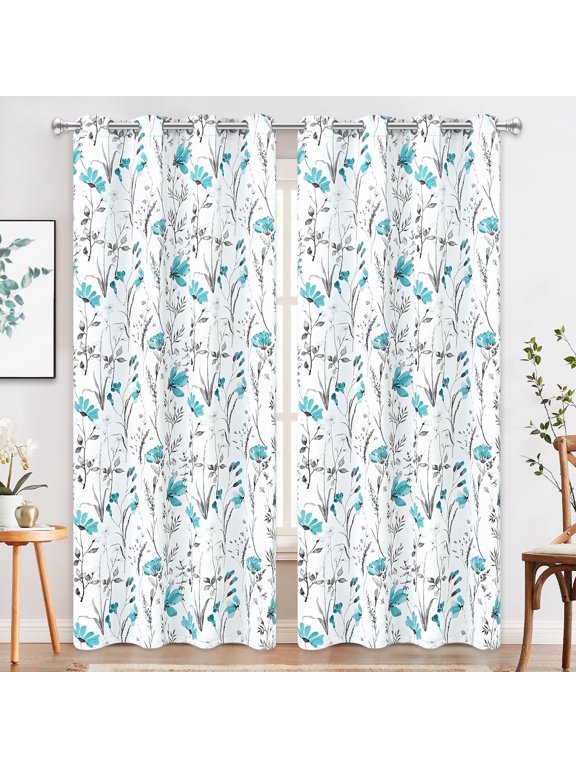 Teal Floral Blackout Curtains for Living Room Bedroom Energy Efficient Thermal Insulated Grommet Window Drapes, 52"x 84",Set of 2