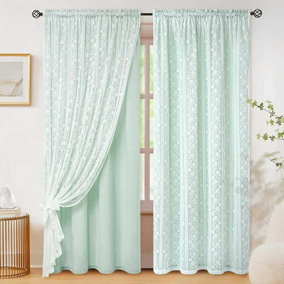Alishomtll Teal Linen Curtains with Lace Sheer 84 Inches Long, Double Layer Light Filtering Window Drapes for Bedroom Living Room,W52 X L84,2 Panels