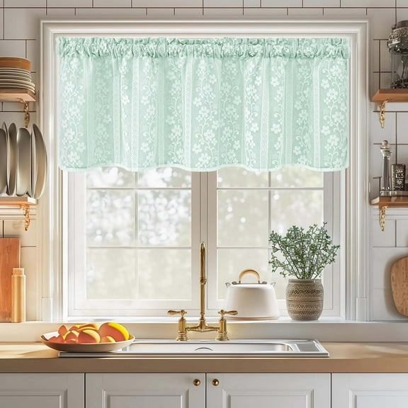 Alishomtll Teal Linen Lace Sheer Double Layer Light Filtering Valance Curtains , Rod Pocket,52 x 18 in