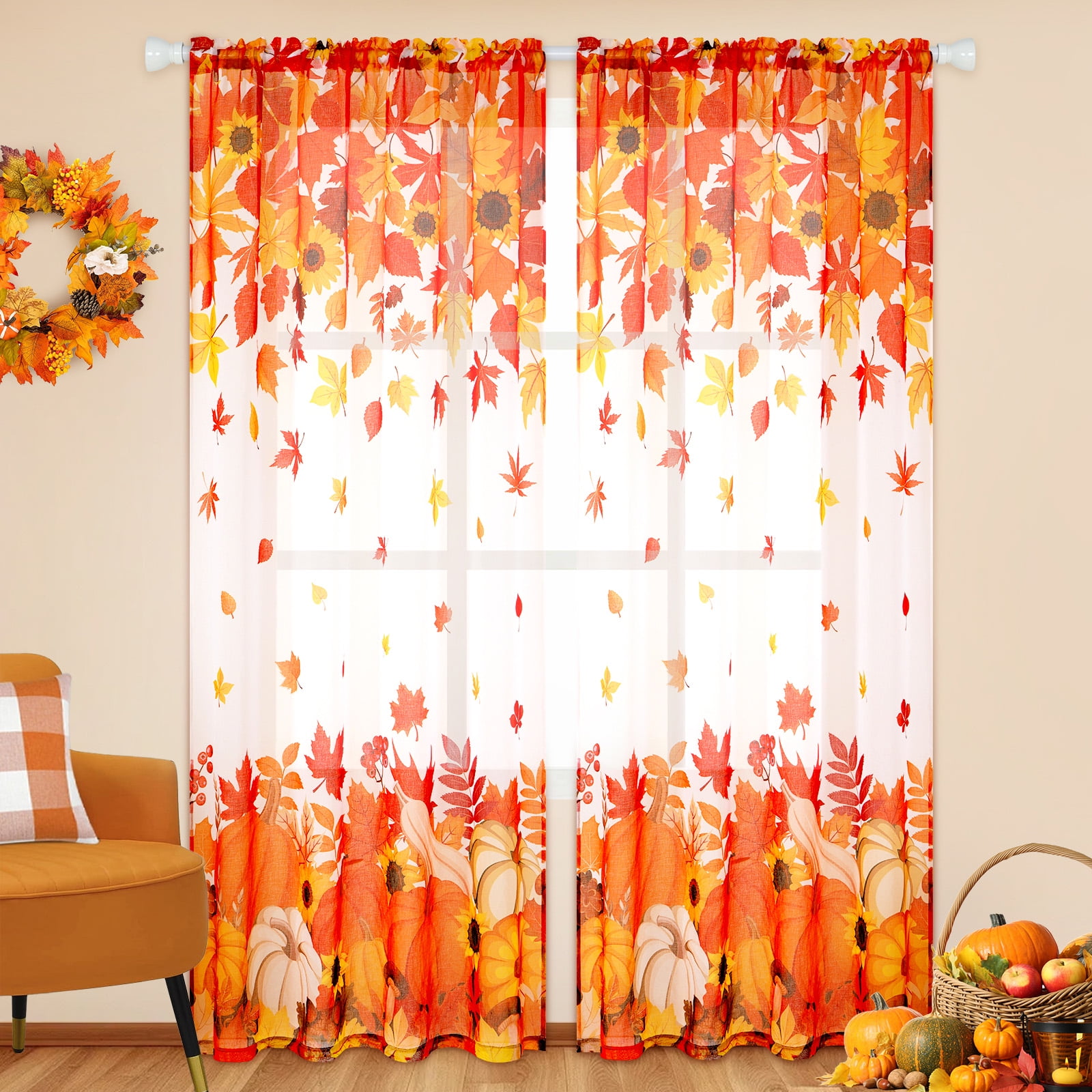 Alishomtll Fall Curtains Autumn Pumpkin Thanksgiving Falling Maple ...