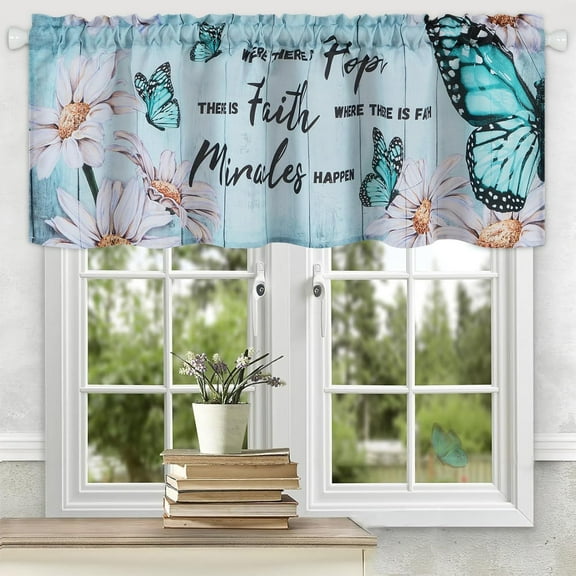 Alishomtll Valance Curtains Butterfly Floral Print Window Curtain Valance Rod Pocket, 52W" x 18L",Teal