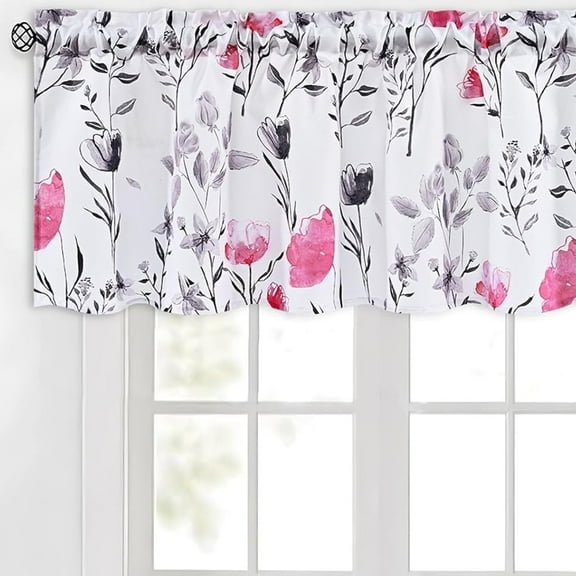 Alishomtll Floral Kitchen Hot Pink Flower Print Valance Curtains, 52" x 18"