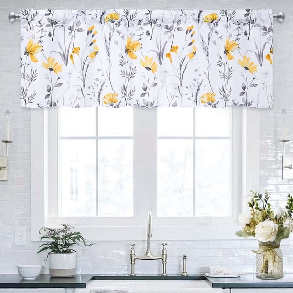 Alishomtll Valance Curtains Yellow Flower Floral Print Valances for Windows Rod Pocket,52W" x 18L"