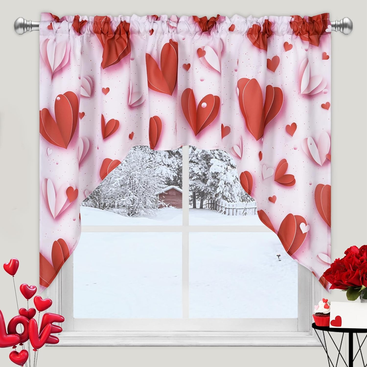 Alishomtll Valentine's Day Valance Curtains for Kitchen Swag Red Bokeh ...