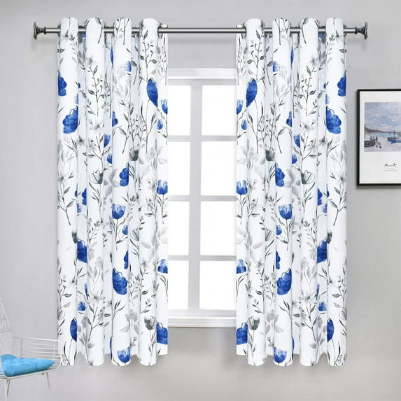 Alishomtll Modern Blue Flowers Grommet Light Filtering Curtains, 52" X 63" (2 Panels)