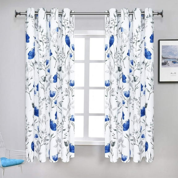 Alishomtll Modern Blue Flowers Grommet Light Filtering Curtains, 52" X 63" (2 Panels)
