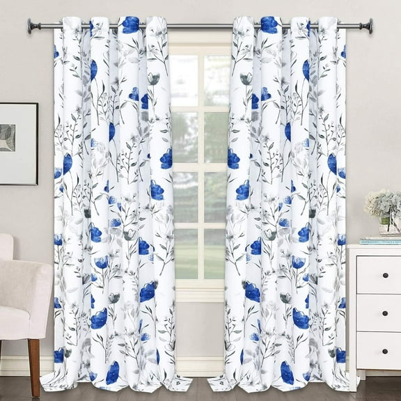 Alishomtll Modern Blue Flowers Grommet Light Filtering Curtains, 52" x 84" (2 Panels)