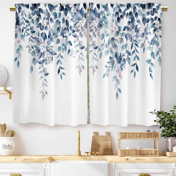 Alishomtll White Blue Curtains Tier 36 Inch Length,Floral Print Short Window Curtain Panel, Light-Blocking ,Rod Pocket