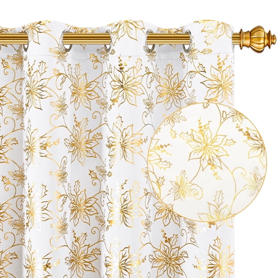 Alishomtll White Christmas Blackout Curtains Golden Poinsettia Foil Print Room Darkening Window Drapes, 52" x 63"L, Set of 2 Panels