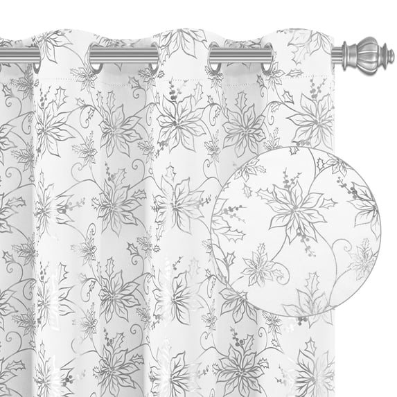 Alishomtll White Christmas Blackout Curtains Silver Poinsettia Foil Print Room Darkening Window Drapes, 52" x 63"L, Set of 2 Panels
