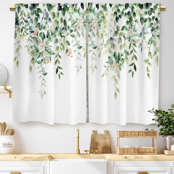 Window Block Outside Alishomtll White Green Curtains Tier 36 Inch Length,Floral Print Short ...