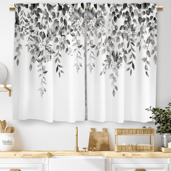Alishomtll White Grey Curtains Tier 36 Inch Length,Floral Print Short Window Curtain Panel, Light-Blocking ,Rod Pocket