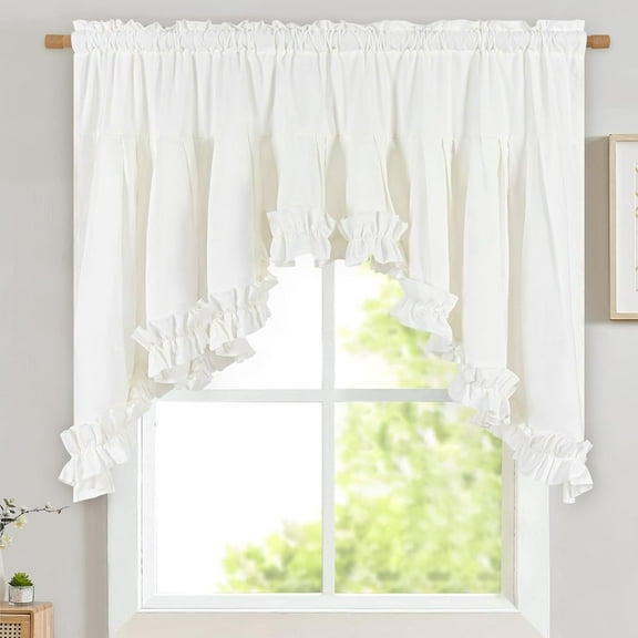 Alishomtll White Ruffle Kitchen Curtains Valances Swags for Windows Light Filtering ,Rod Pocket ,61" W x 36" L