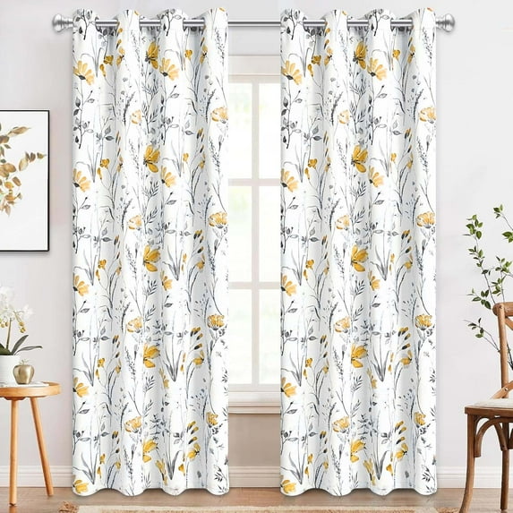Alishomtll Yellow Floral Blackout Curtains for Living Room Bedroom Energy Efficient Thermal Insulated Grommet Window Drapes, 52"x 84",Set of 2