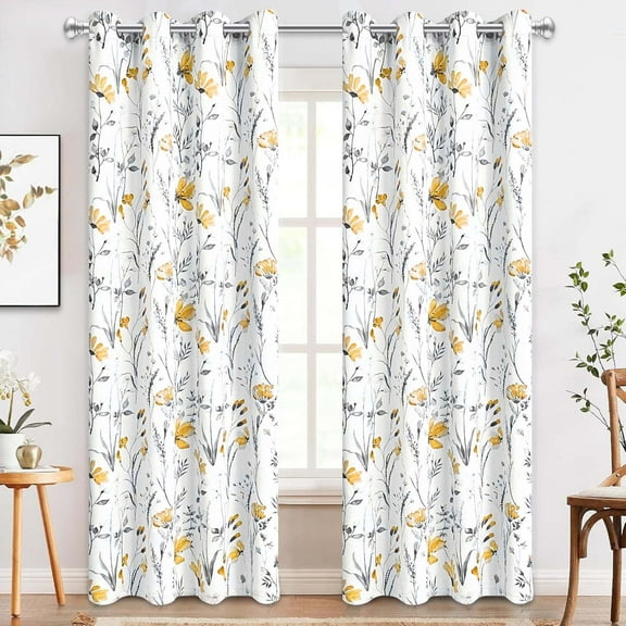 Alishomtll Yellow Floral Blackout Curtains for Living Room Bedroom Energy Efficient Thermal Insulated Grommet Window Drapes, 52"x 84",Set of 2
