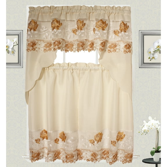 Alison Macrame Embroidery Design 3pc Curtain Set for Kitchen and Home window treatment Consist of 2 Bottom Tiers: 30"X36" each and top Swag: 60"X36"