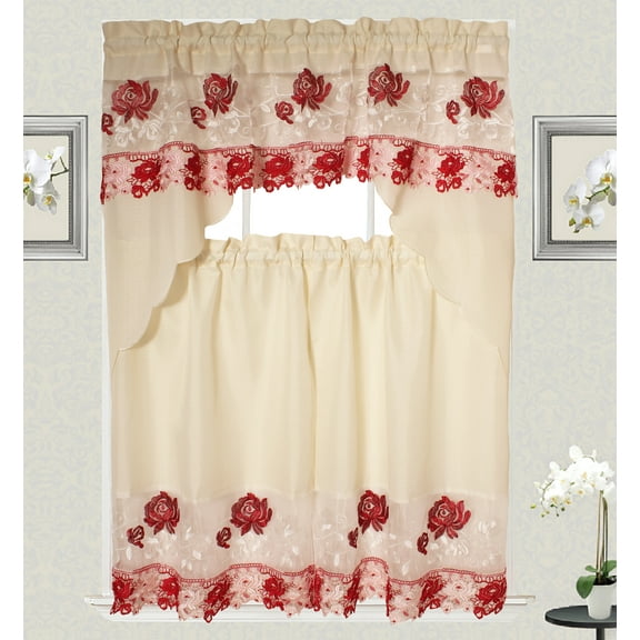 Alison Macrame Embroidery Design 3pc Curtain Set for Kitchen and Home window treatment Consist of 2 Bottom Tiers: 30"X36" each and top Swag: 60"X36"