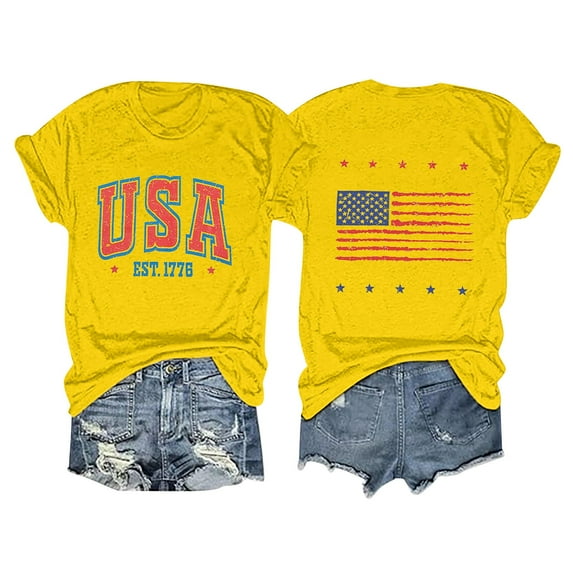 Alitao 4Th Of July Shirts Women T Shirts for Women Women Casual Printing Short Sleeves ROUND Neck Loose T Shirt Blouse Tops Patriotic Shirts for Women Graphic Tees Yellow S
