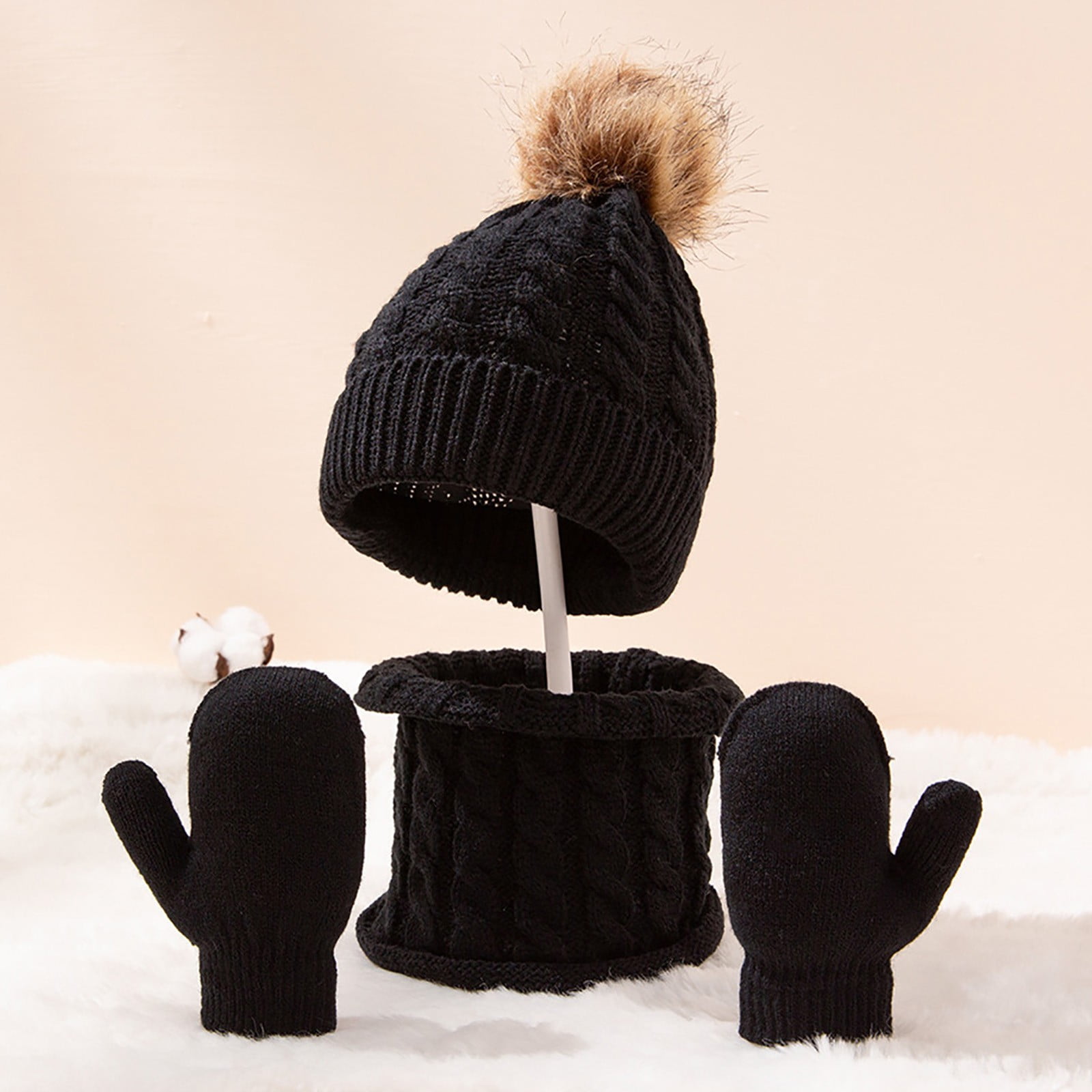 Satin Lined Beanie Scarf Gloves Set Winter Accessories Touchscreen 4 Pieces Womens Winter Satin Lined Knit Pom Beanie Hats  main image 3