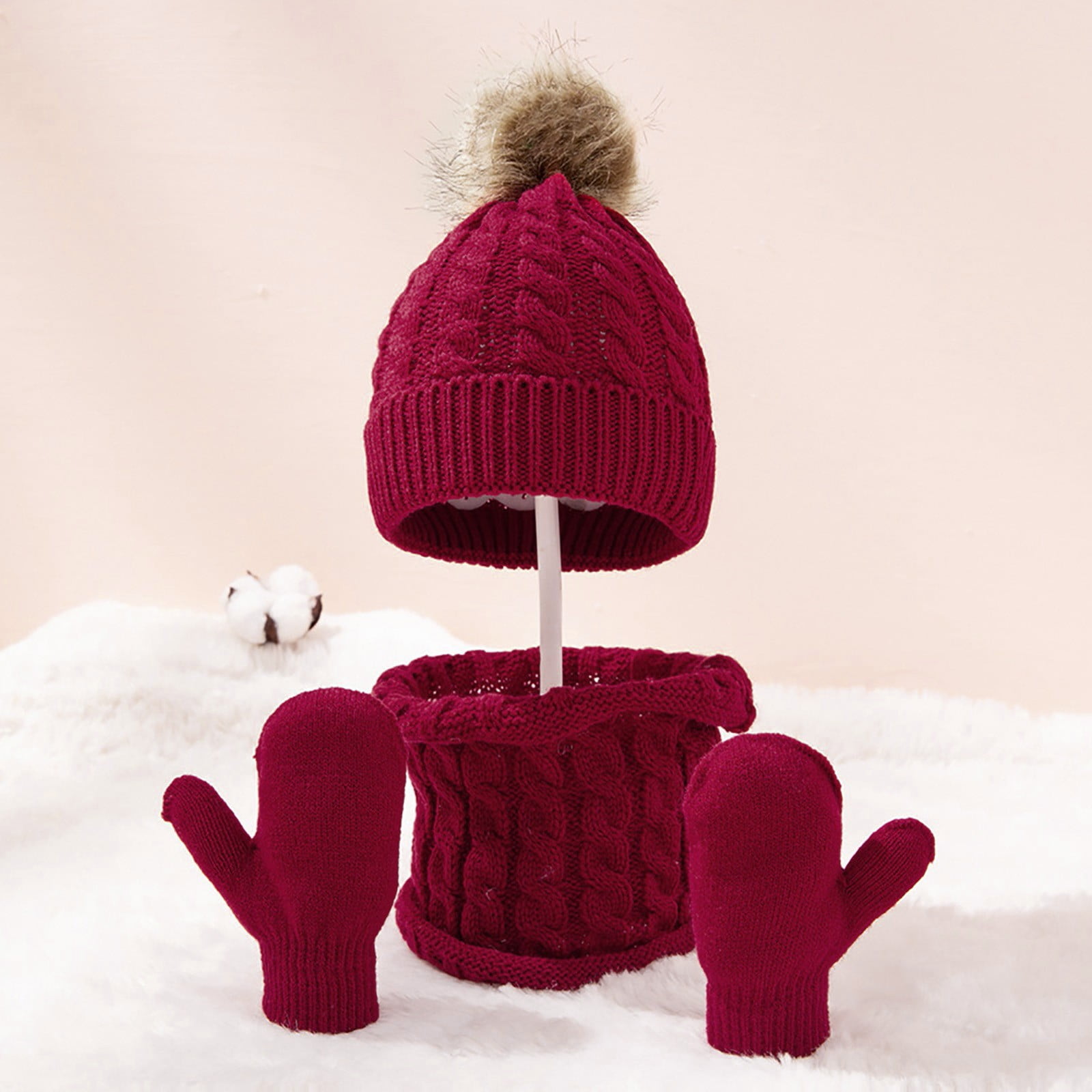 Women's Winter Beanie & Scarf Set - Fleece Lined Chunky Knit Hat With Pom Pom, Purple (Medium)