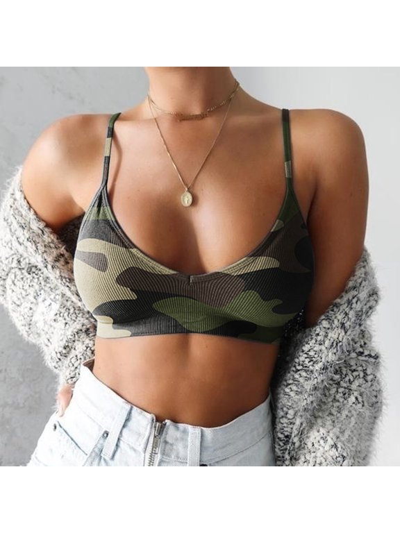 Bras for Women Seamless Bras Lady Brassiere No Wire Wild Support Breast Camouflage Print Pullover Breathable Spaghetti Strap Plus Size Full Coverage Bra Sports Bra Camouflage L