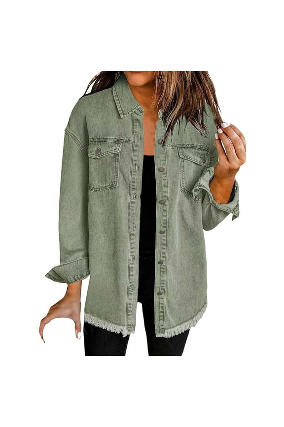 Button Down Shirt Denim Shirt Washed Denim Shirt Jacket Fashion Casual Hem Jacket Jean Jacket Women Jackets for Women Army Green L