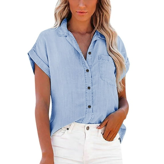 Alitao Button Down Shirt Denim Shirt Women Summer Solid Fashion Pocket Lapel Wash Denim Casual Shirt Blouses for Women Dressy Casual Tshirts Shirts Blue L