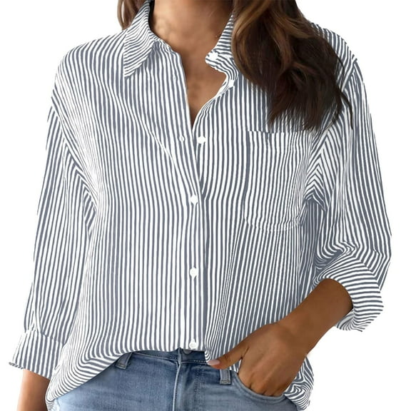 Alitao Button Down Shirt Long Sleeve Shirts Cotton Striped Button Down Shirt For Women Little Oversized Blouses Dress Shirts Work Tops Blouses for Women Dressy Casual Shirts for Women Gray XL
