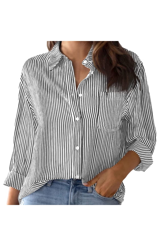 Button Down Shirt Long Sleeve Shirts Cotton Striped Button Down Shirt For Women Little Oversized Blouses Dress Shirts Work Tops Blouses for Women Dressy Casual Shirts for Women Black M