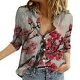 thumbnail image 1 of Alitao Button Down Shirt Long Sleeve Shirts Linen Lapel Art Floral Round Neck Button Loose Pullover Top Casual Shirt T Shirt Blouses for Women Dressy Casual Shirts for Women Red XL, 1 of 6